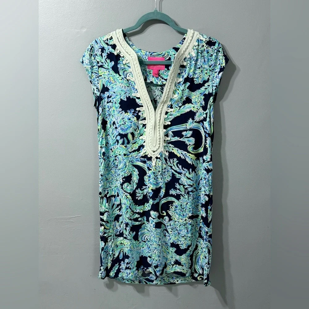 Lilly Pulitzer Madia Tunic Dress High Tide Navy Scuba Doo White Green Size Small - Picture 2 of 10